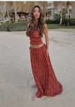 2pcs Women's Dress Suit Sexy Sleeveless Backless Cropped Halter Top And Pleated Long Skirt Beach Clothing Route