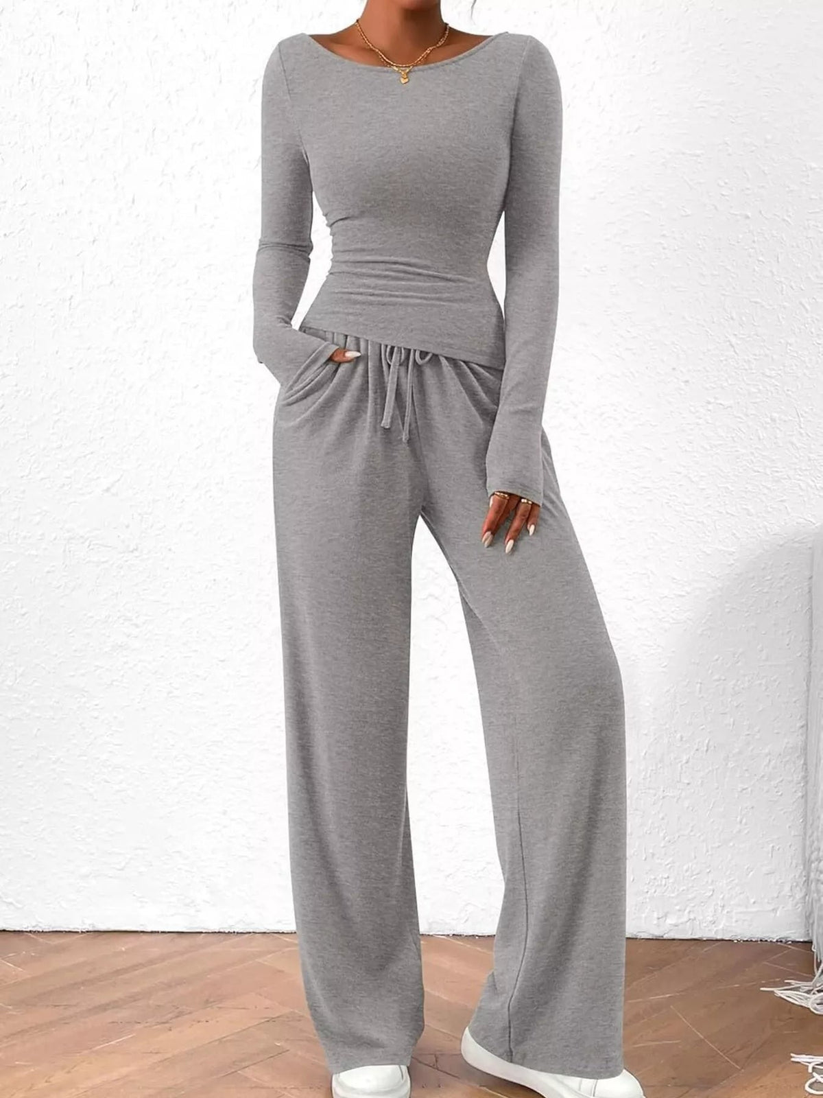 Long Sleeve Top and Wide Leg Pants Set Simply Love