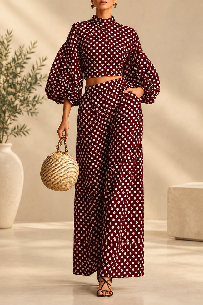 Women's 2-Piece Polka Dot Set – Lantern-Sleeve Mock-Neck Crop Top & High-Waisted Wide-Leg Trouser MERIDGE