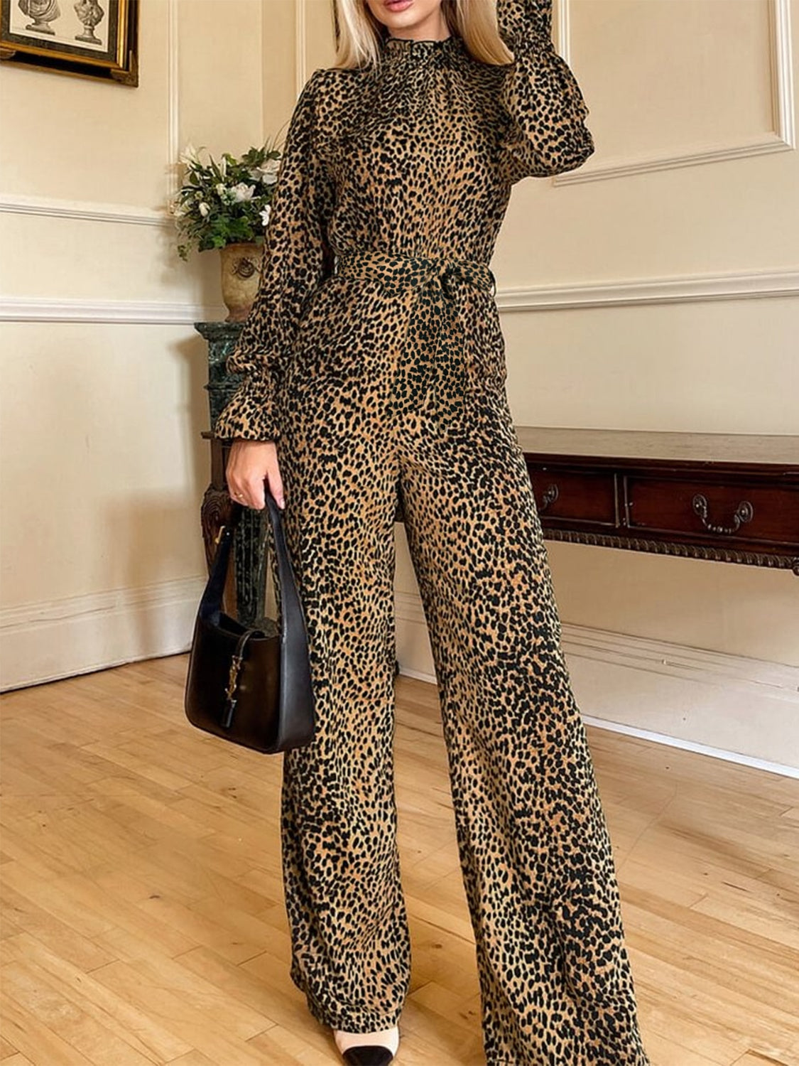 Leopard Flounce Sleeve Wide Leg Jumpsuit Trendsi