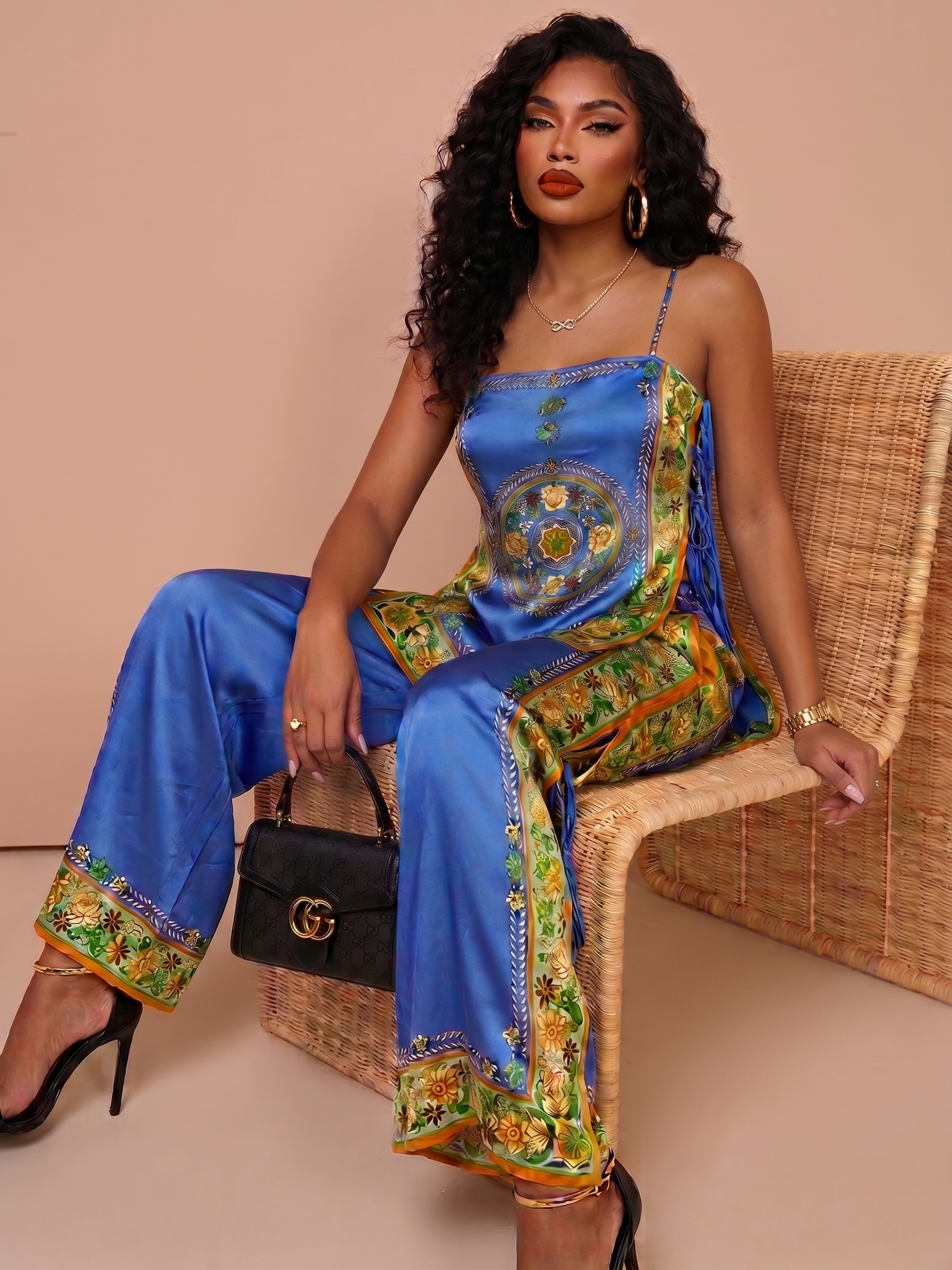 Floral Lace Up Cami Pants Set ware rare trend