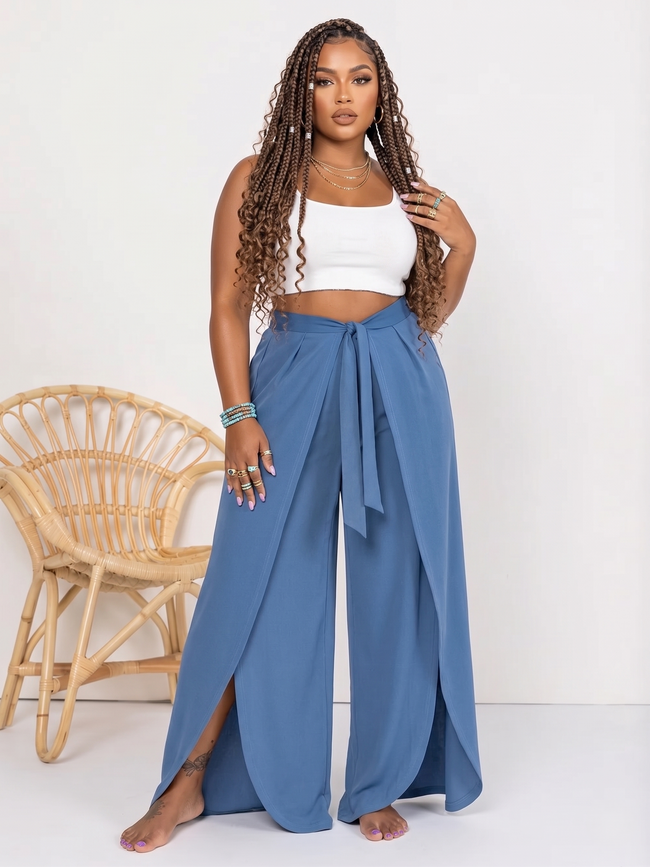 Plus Size Tied Slit Wide Leg Pants ware rare trend