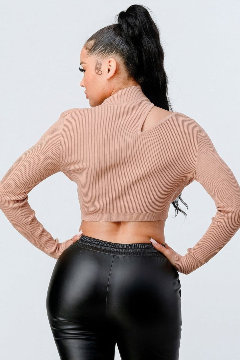 Lux Sweater Rib Cutout Mock Neck Crop Top Tigbul's Variety Fashion Shop