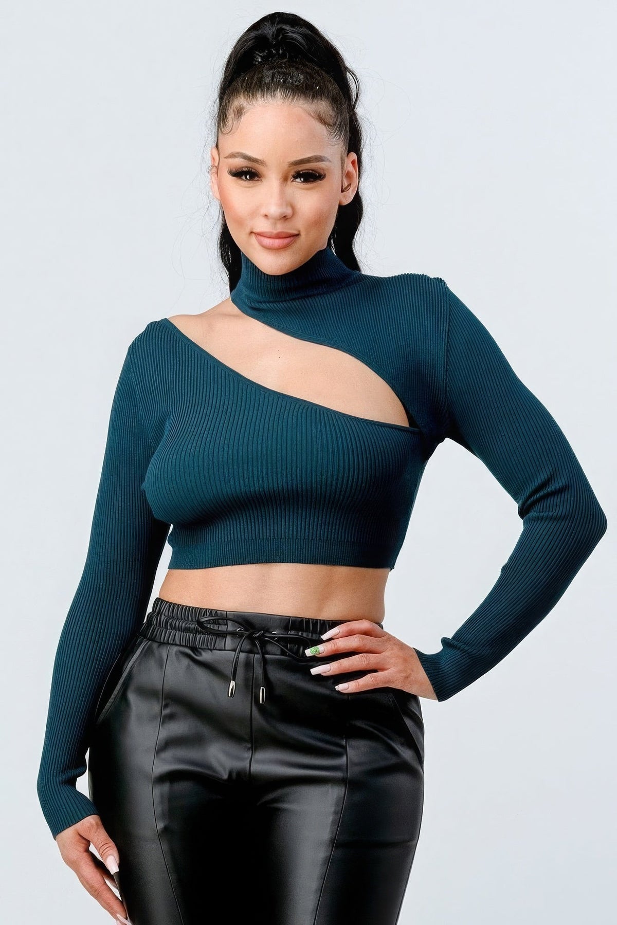 Lux Sweater Rib Cutout Mock Neck Crop Top Tigbul's Variety Fashion Shop