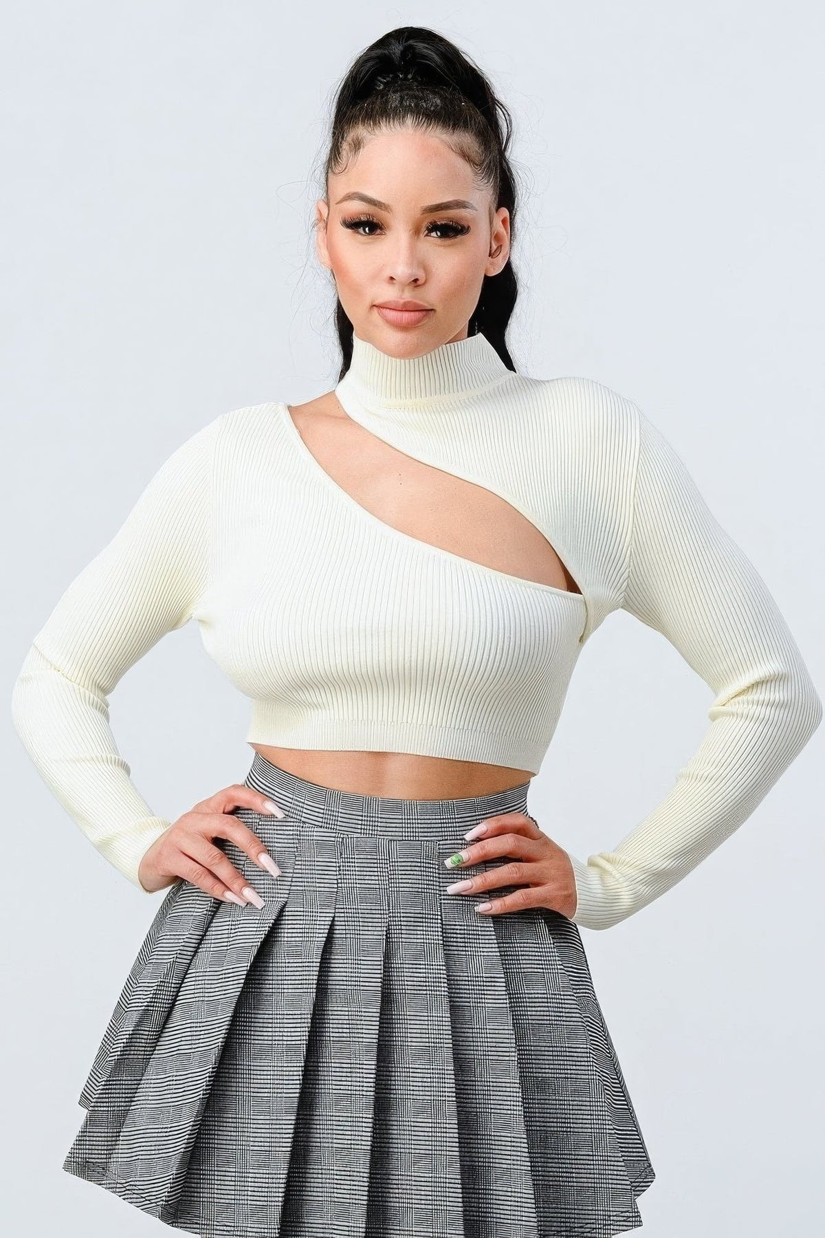 Lux Sweater Rib Cutout Mock Neck Crop Top Tigbul's Variety Fashion Shop