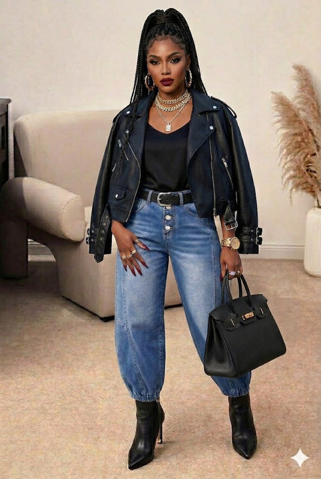 Denim Buttoned Fly Tapered Barrel Leg Jeans Wäre Rare Fashion