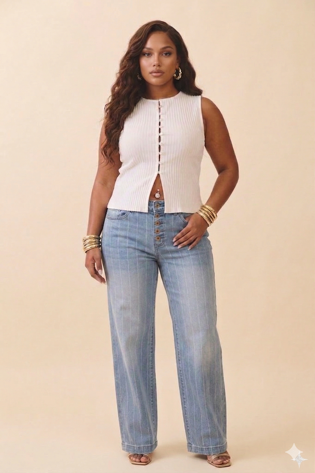 Pinstripe Denim Buttoned Wide Leg Jeans Wäre Rare Fashion