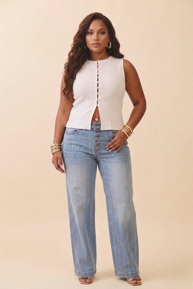 Pinstripe Denim Buttoned Wide Leg Jeans Wäre Rare Fashion