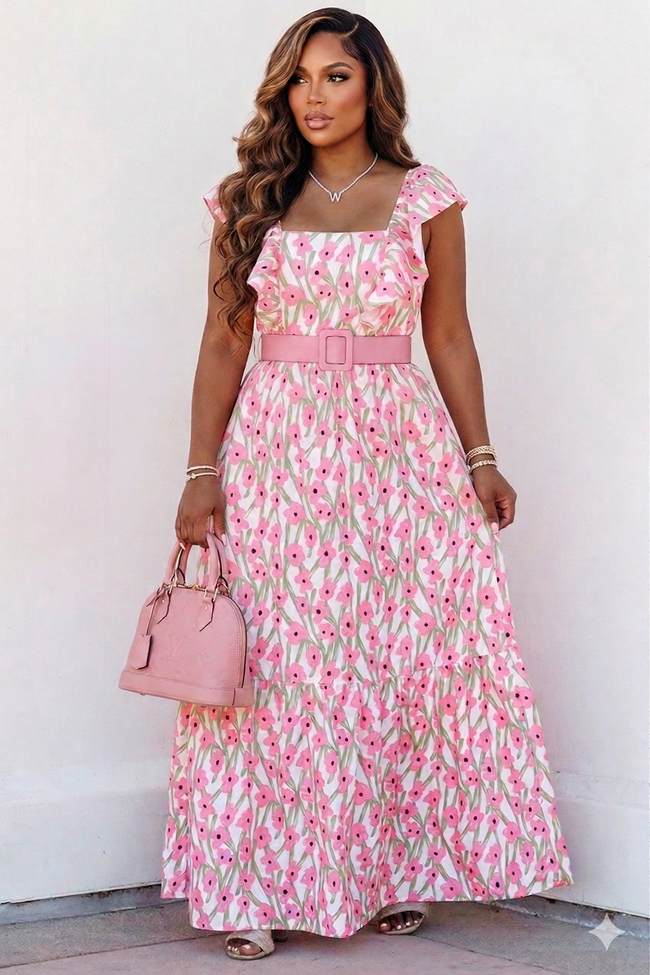Pink Floral Print Square Neck Ruffled Maxi Dress Wäre Rare Fashion