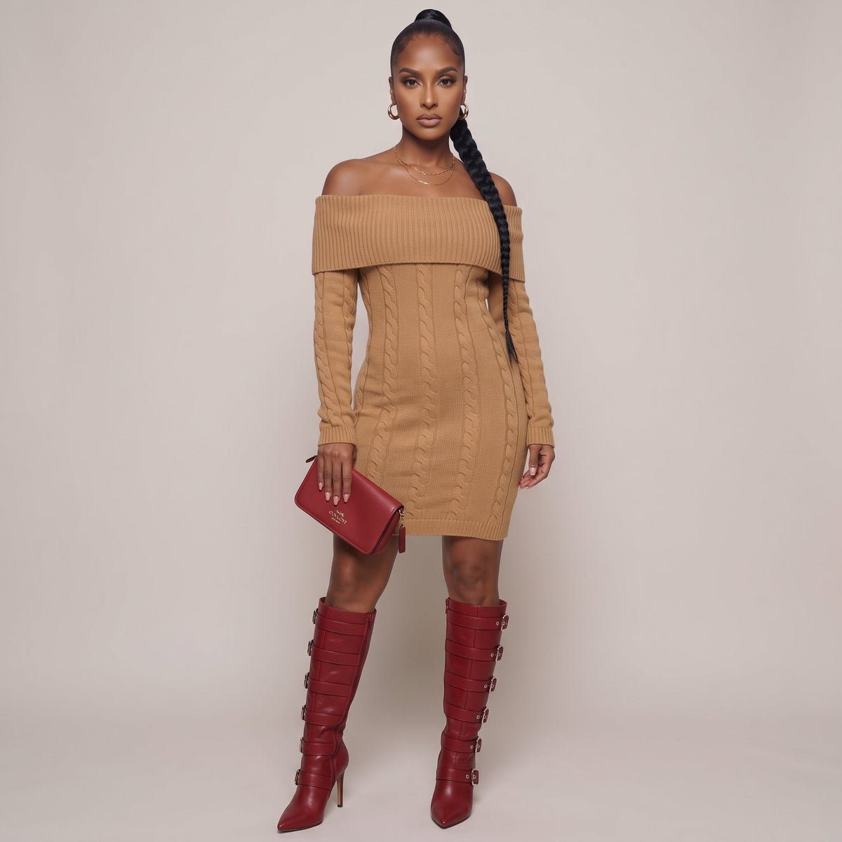 Off Shoulder Styling Fold Over Trim Sweater Dress Blaire Shops