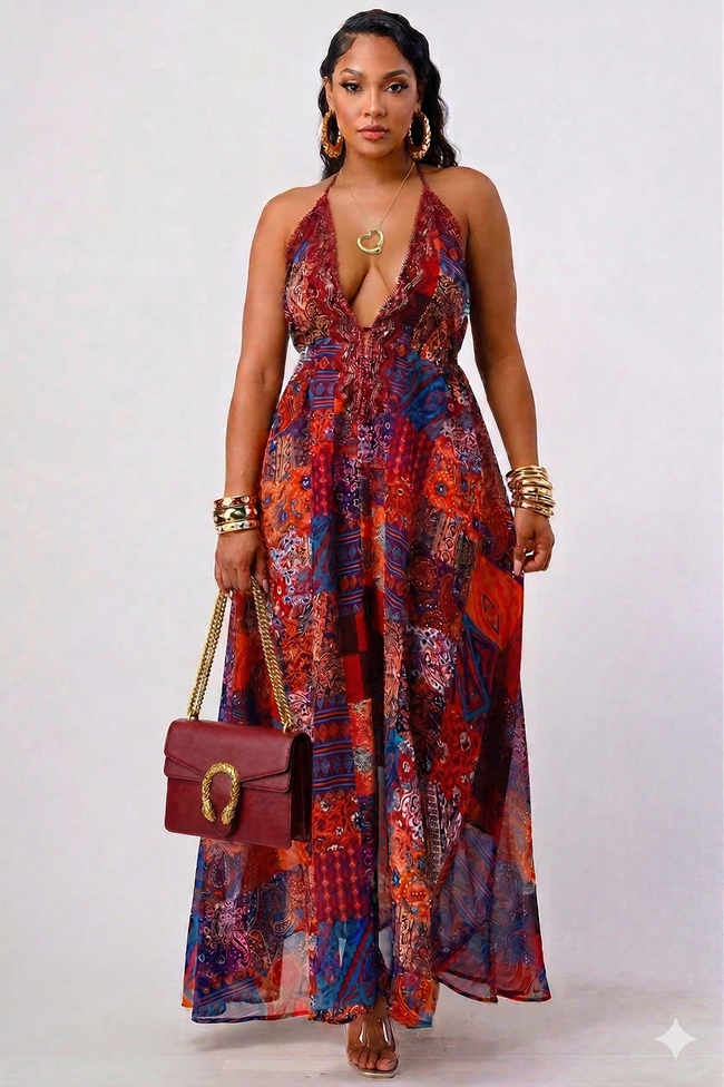 Bohemian print sequin lace trim maxi dress Wäre Rare Fashion