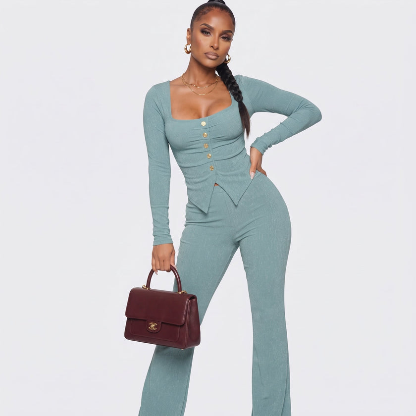 Pleated Buttoned Two Piece Outfit Blaire Shops