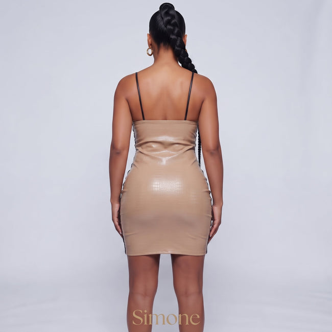 Sexy Lace Contrast Faux Croc Leather Bodycon Dress Femstylo