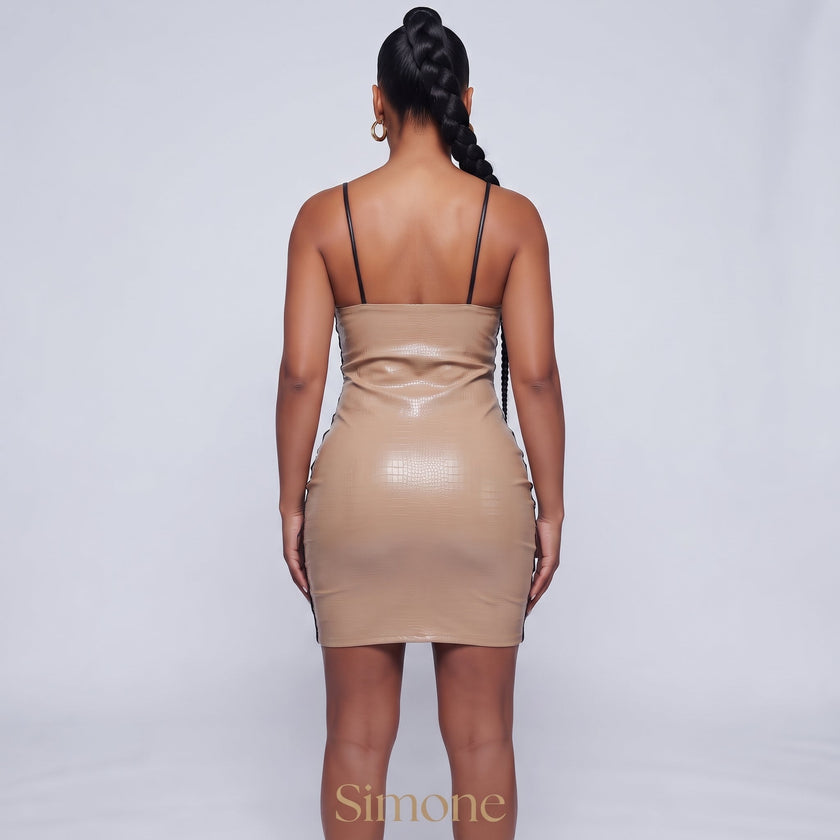 Sexy Lace Contrast Faux Croc Leather Bodycon Dress Femstylo