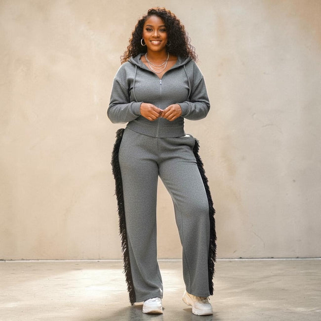 Plus Size Hoodie Jacket and Side Tassel Pants Set Fabulously Dressed Boutique