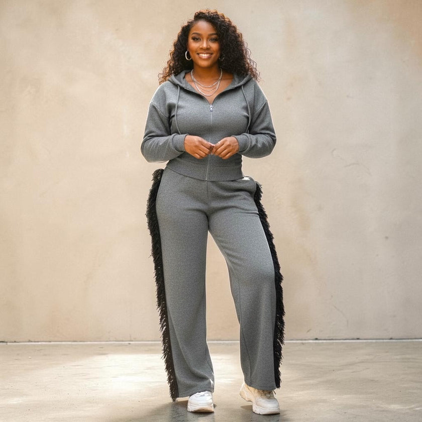 Plus Size Hoodie Jacket and Side Tassel Pants Set Fabulously Dressed Boutique