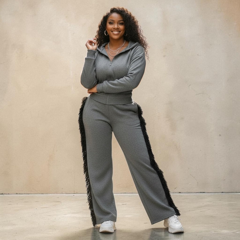 Plus Size Hoodie Jacket and Side Tassel Pants Set Fabulously Dressed Boutique