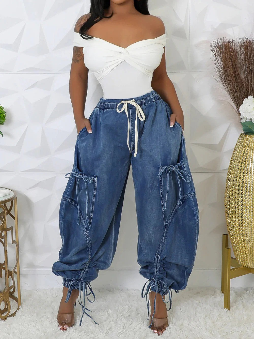 Urban Chic Drawstring Denim Cargo Pants Athina