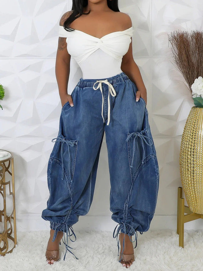 Urban Chic Drawstring Denim Cargo Pants Athina