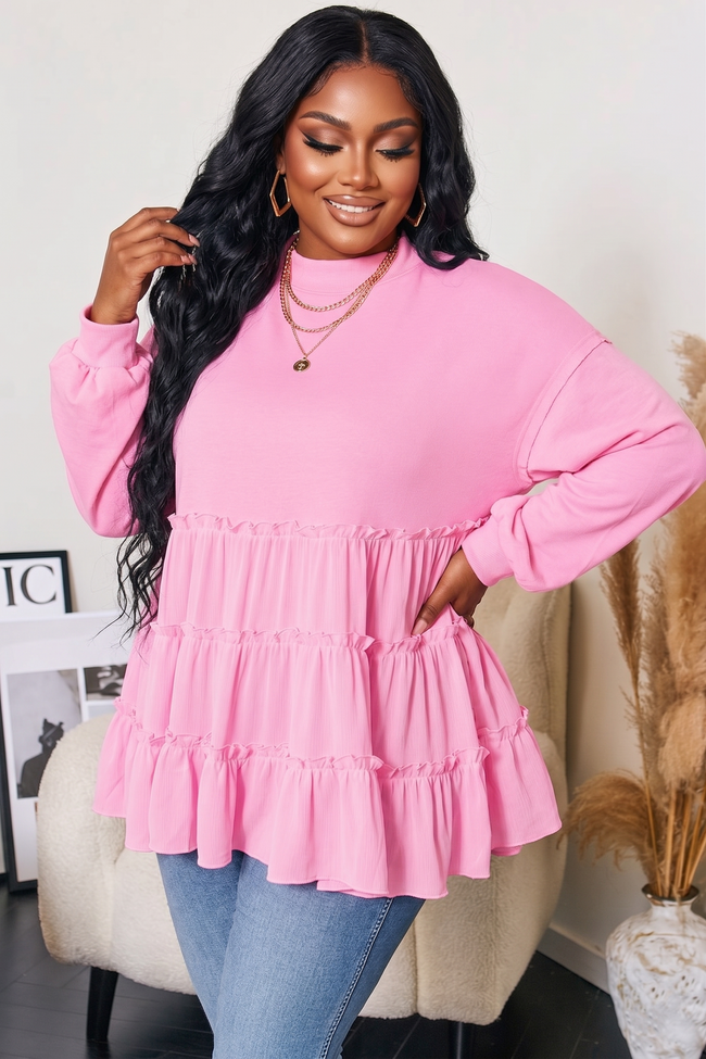 Plus Size Solid Ruffle Tiered Ribbed Crewneck Top Wäre Rare Fashion