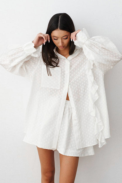 RUFFLED DOT APPLIQUE COLLARD NECK TOP AND SHORTS SET WARE