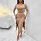 Women's Long Sleeve Round Neck Pleated Dress Suit - Solid Color Elegant Ruffle Outfit WARE RARE JUSA