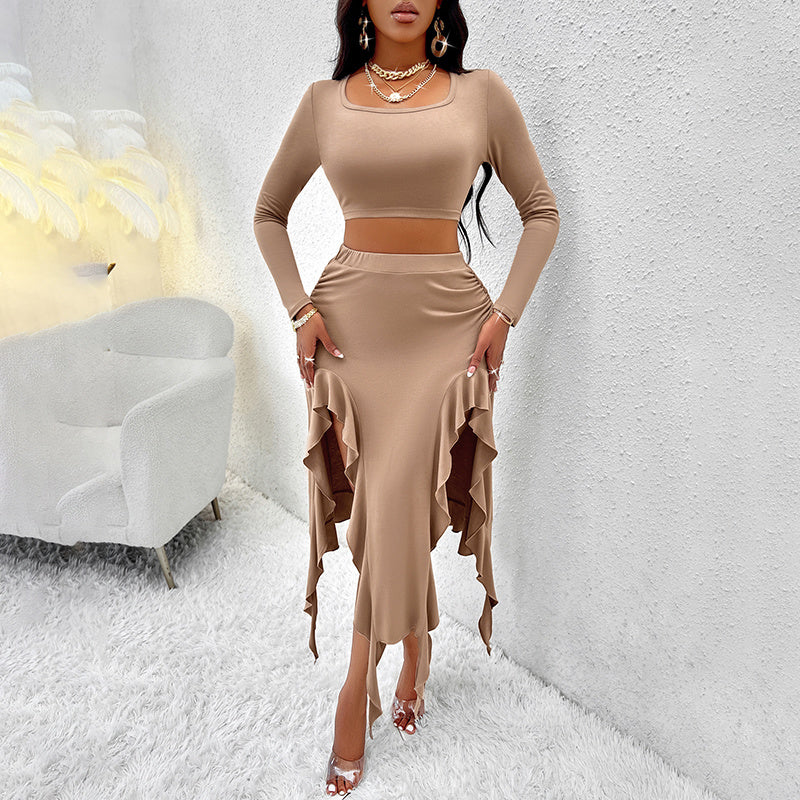 Women's Long Sleeve Round Neck Pleated Dress Suit - Solid Color Elegant Ruffle Outfit WARE RARE JUSA