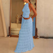 2pcs Women's Dress Suit Sexy Sleeveless Backless Cropped Halter Top And Pleated Long Skirt Beach Clothing Route