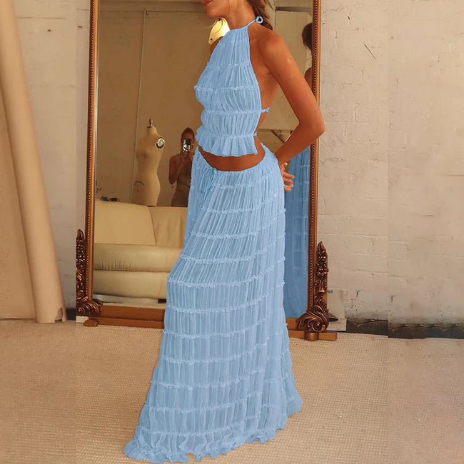 2pcs Women's Dress Suit Sexy Sleeveless Backless Cropped Halter Top And Pleated Long Skirt Beach Clothing Route