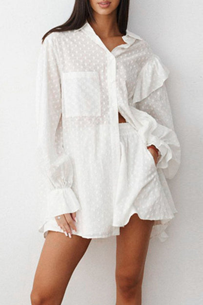 RUFFLED DOT APPLIQUE COLLARD NECK TOP AND SHORTS SET WARE