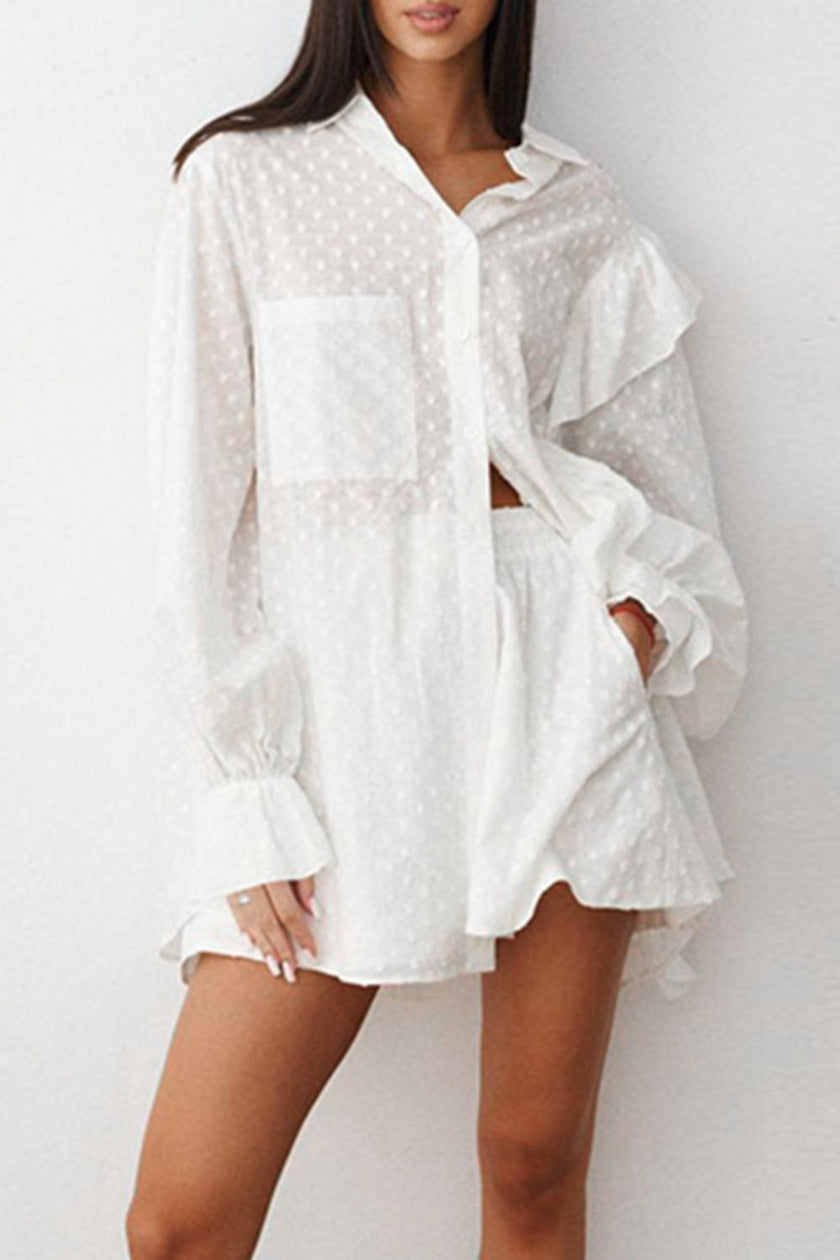 RUFFLED DOT APPLIQUE COLLARD NECK TOP AND SHORTS SET WARE