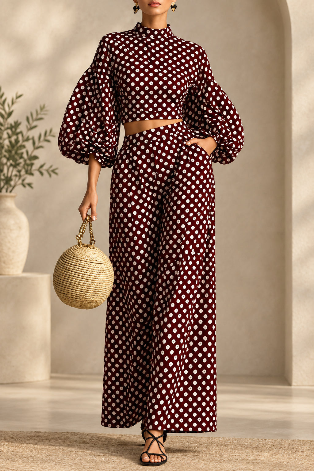 Women's 2-Piece Polka Dot Set – Lantern-Sleeve Mock-Neck Crop Top & High-Waisted Wide-Leg Trouser MERIDGE
