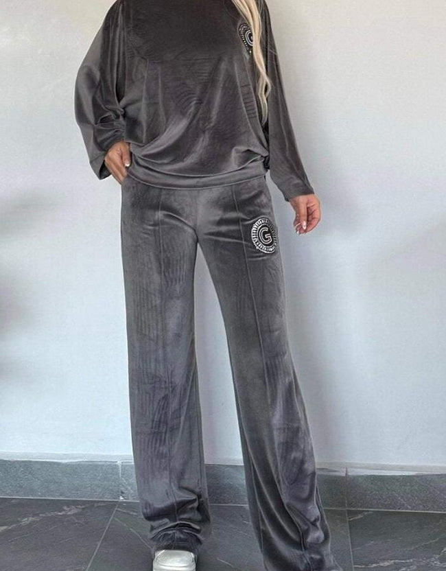 Velvet Solid Color Crew-neck Batwing Sleeve Casual Two-piece Suit Women's Clothing YNIQUE