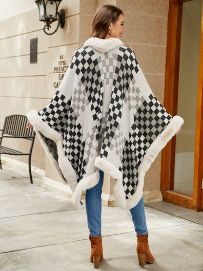 Checkered Faux Fur Trim Poncho Trendsi