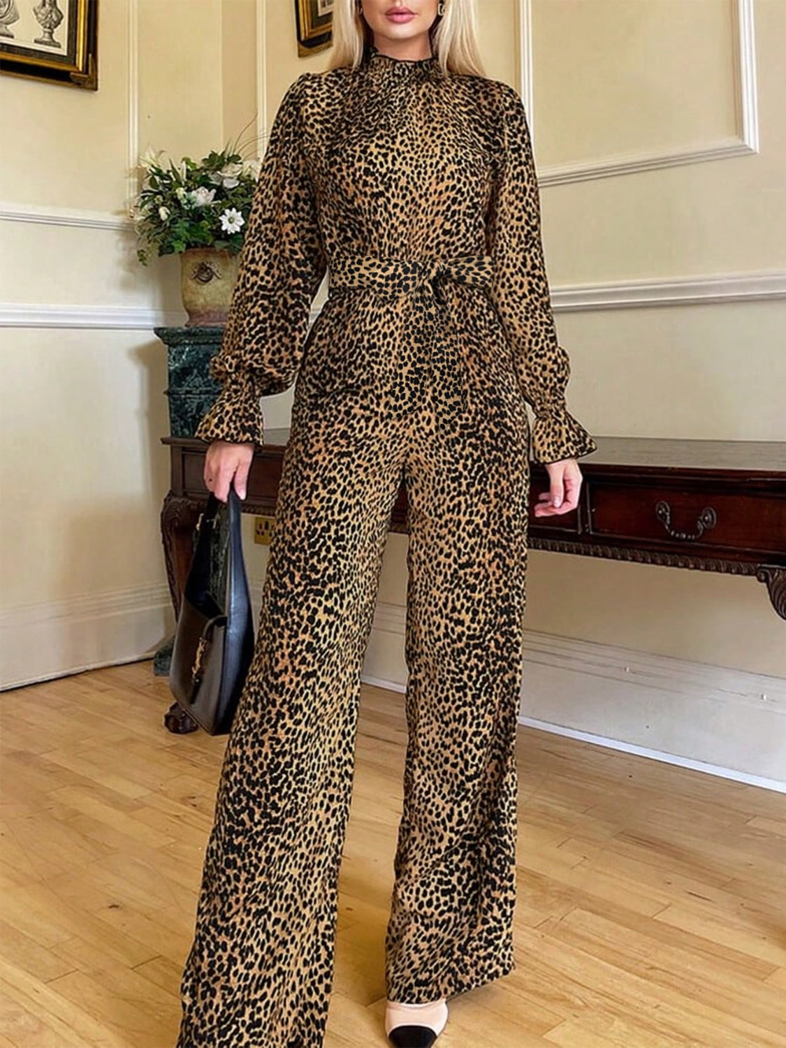 Leopard Flounce Sleeve Wide Leg Jumpsuit Trendsi