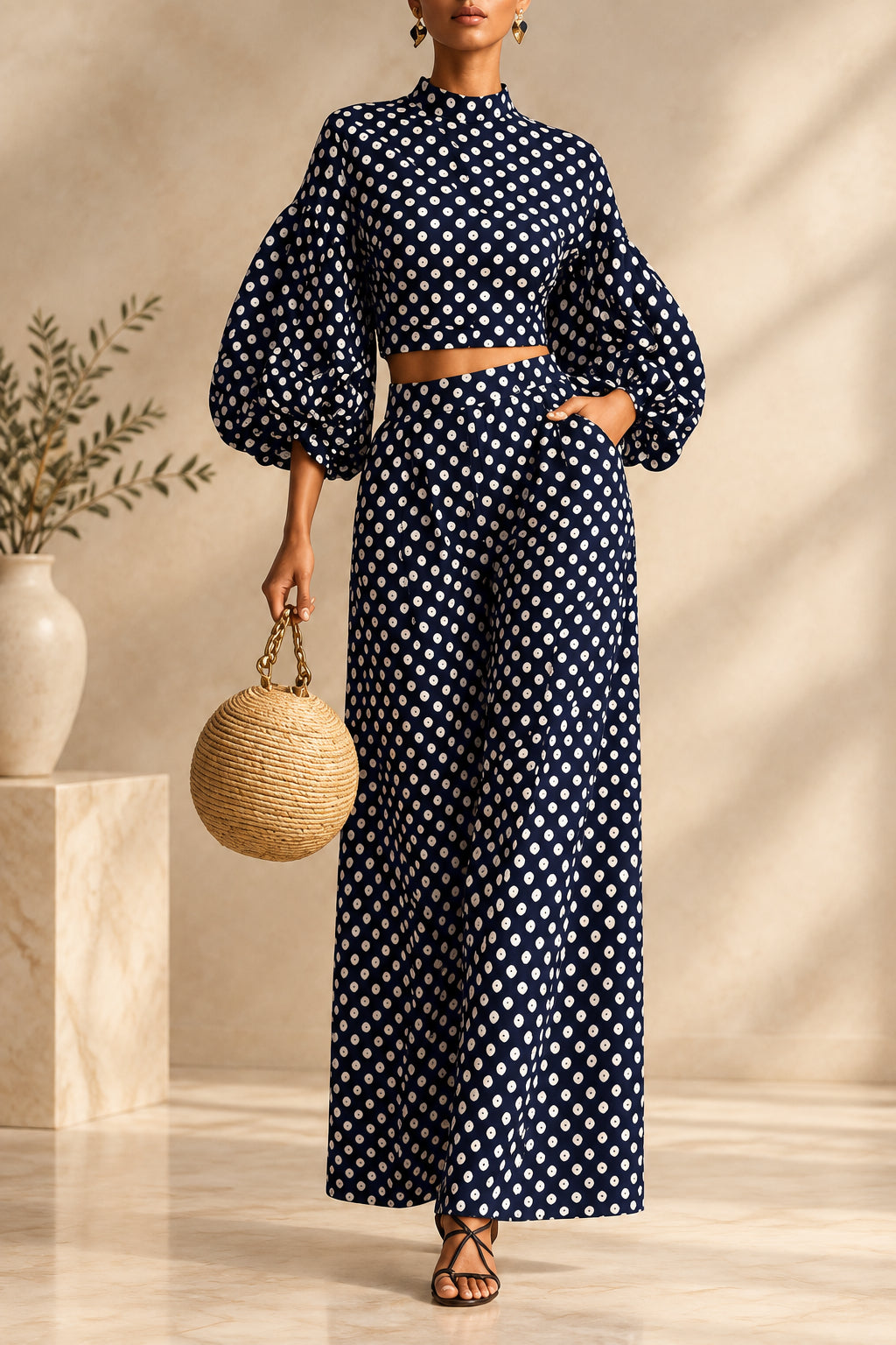Women's 2-Piece Polka Dot Set – Lantern-Sleeve Mock-Neck Crop Top & High-Waisted Wide-Leg Trouser MERIDGE