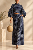 Women's 2-Piece Polka Dot Set – Lantern-Sleeve Mock-Neck Crop Top & High-Waisted Wide-Leg Trouser MERIDGE