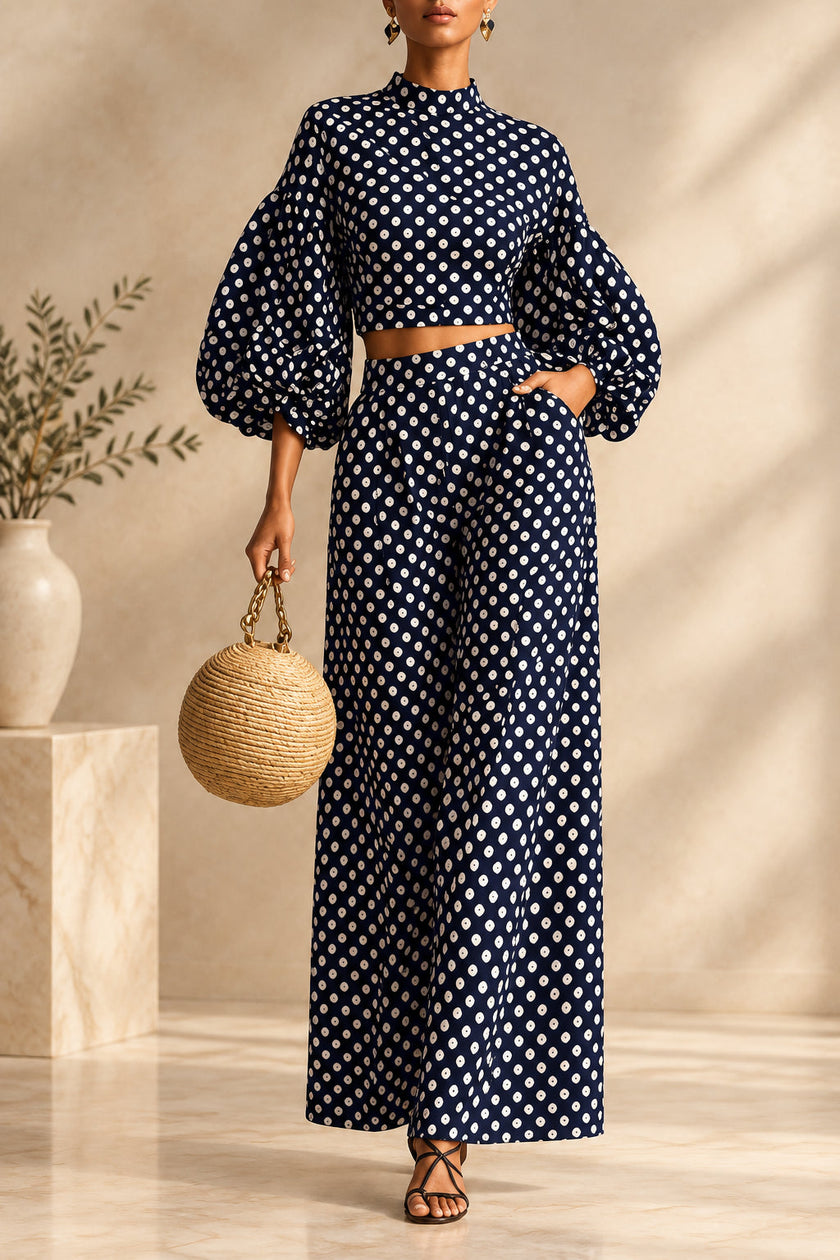 Women's 2-Piece Polka Dot Set – Lantern-Sleeve Mock-Neck Crop Top & High-Waisted Wide-Leg Trouser MERIDGE