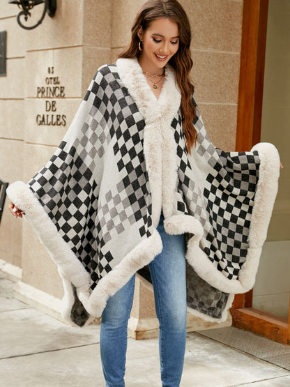 Checkered Faux Fur Trim Poncho Trendsi