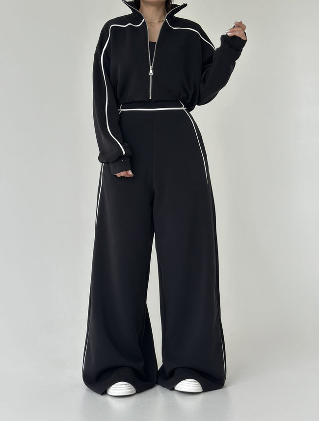 Women's Contrast-Piped Wide-Leg Jumpsuit & Cropped Zip Jacket Set MERIDGE