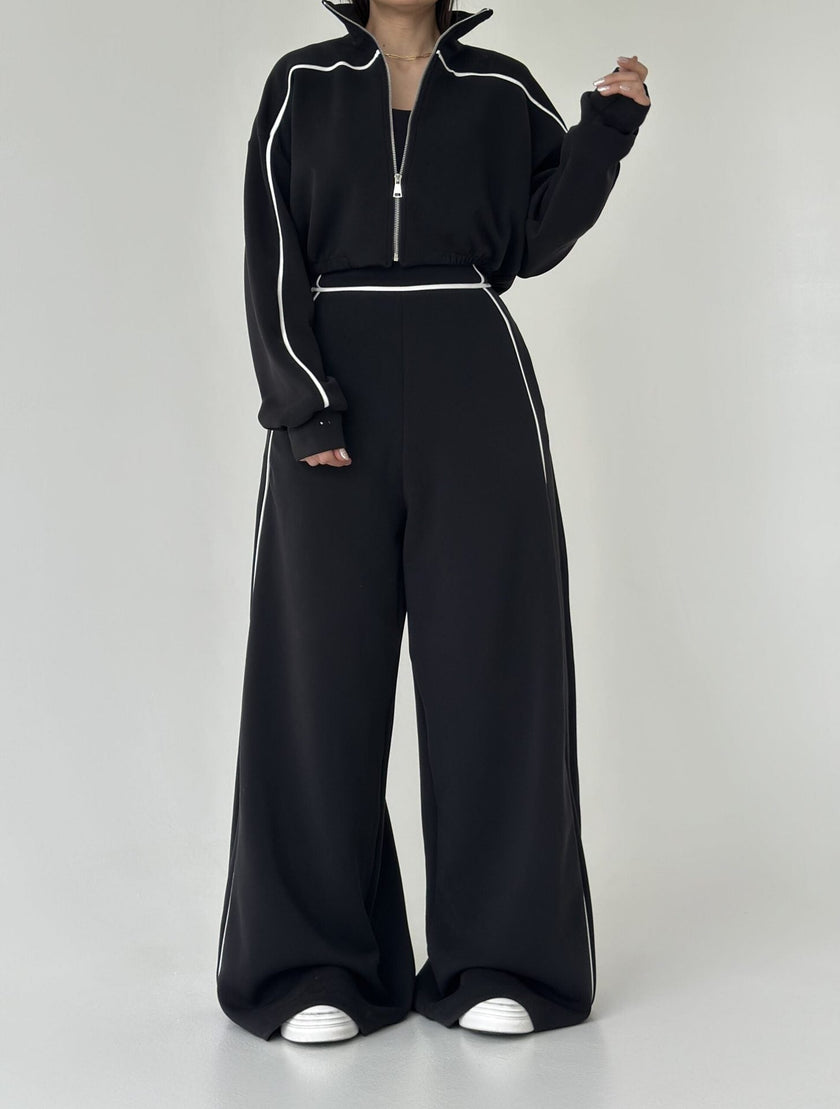 Women's Contrast-Piped Wide-Leg Jumpsuit & Cropped Zip Jacket Set MERIDGE