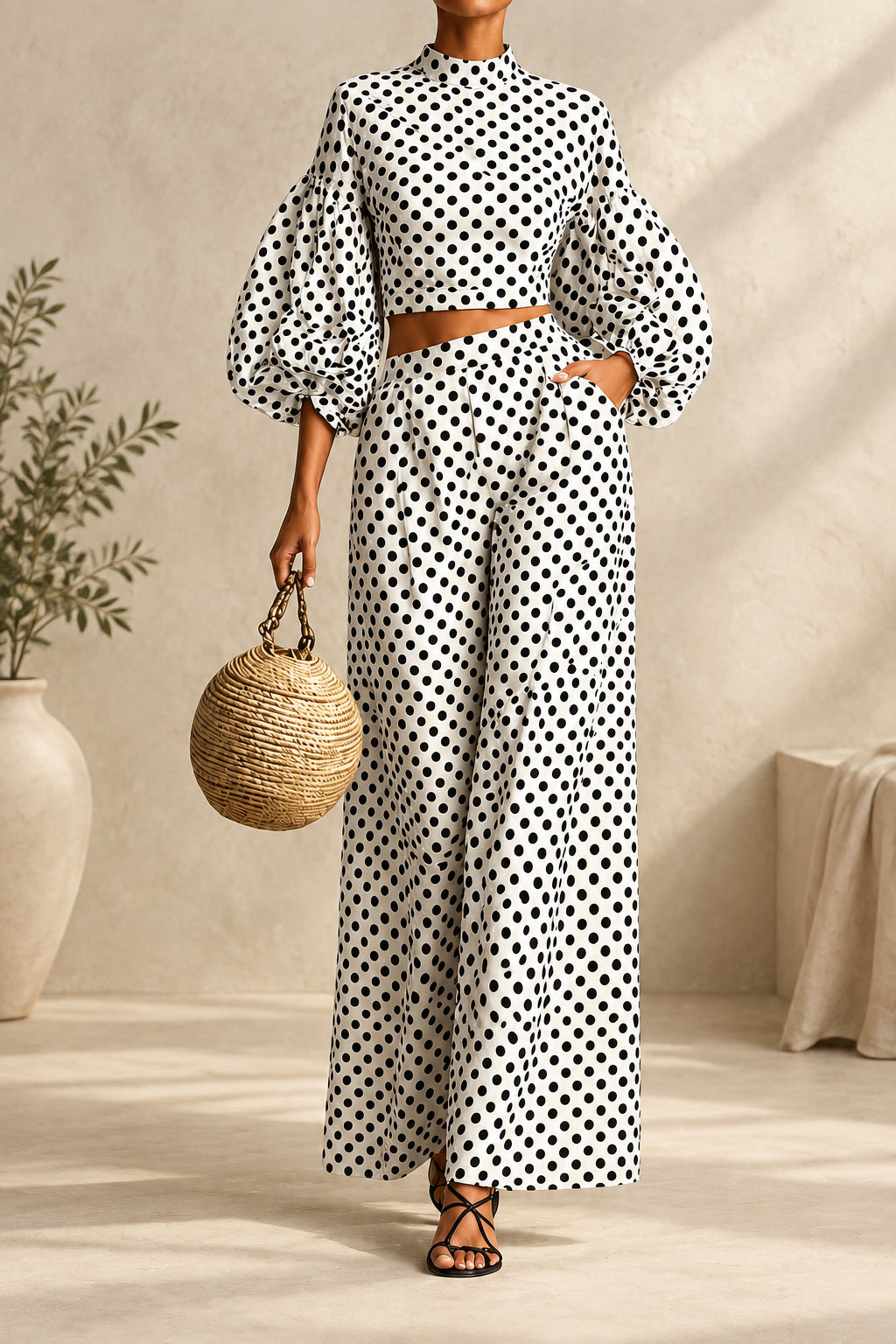 Women's 2-Piece Polka Dot Set – Lantern-Sleeve Mock-Neck Crop Top & High-Waisted Wide-Leg Trouser MERIDGE
