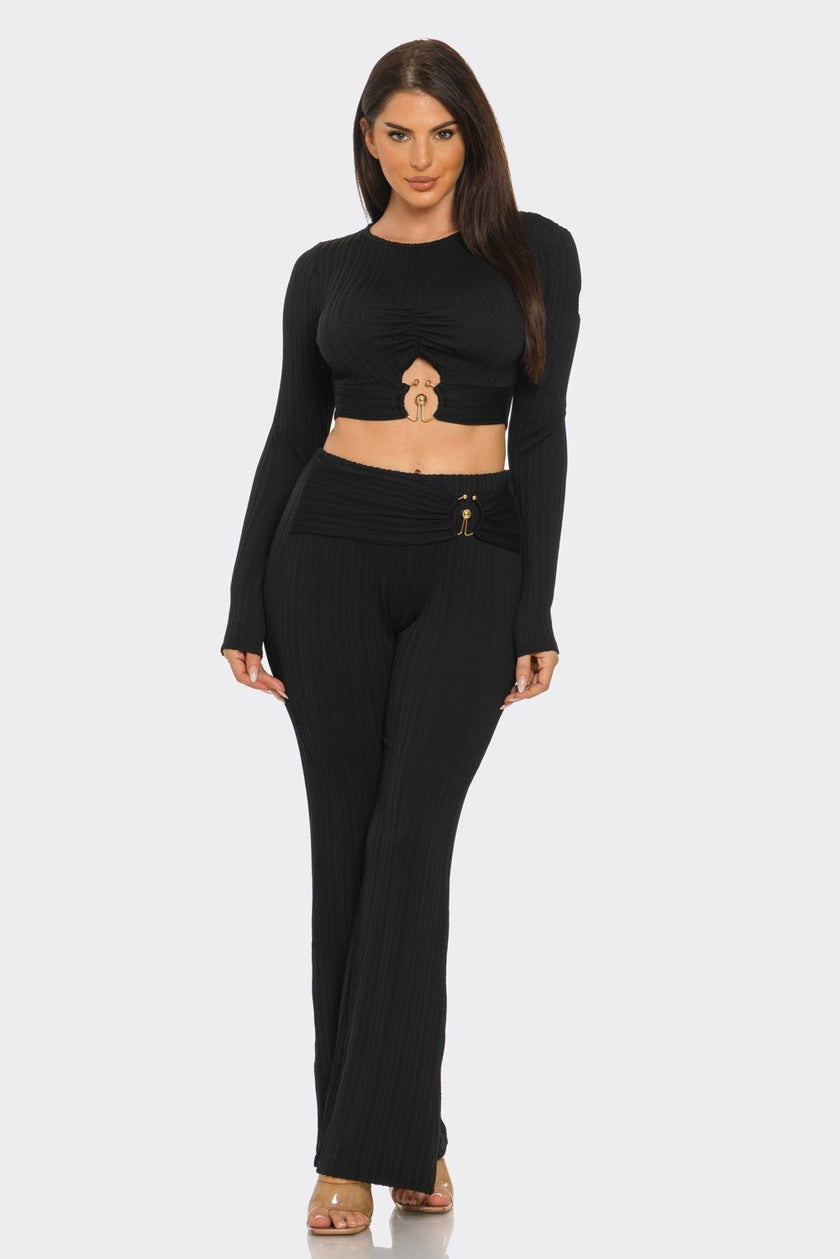 Ribbed Two-Piece Set – Metal Ring Cutout Crop Top & Flare Pants Blaire Shops