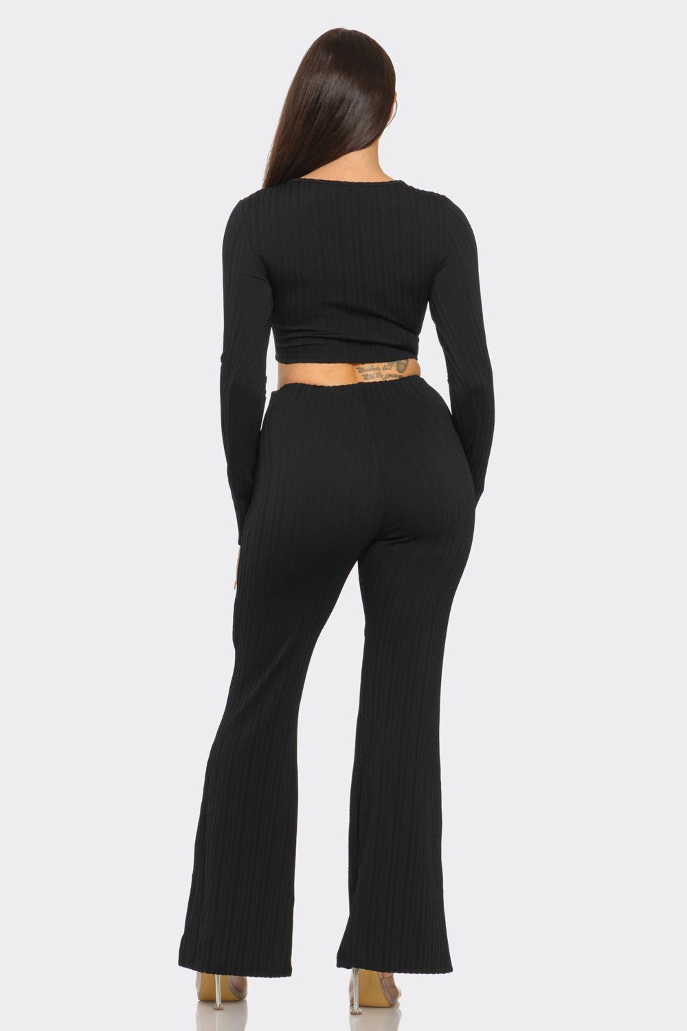 Ribbed Two-Piece Set – Metal Ring Cutout Crop Top & Flare Pants Blaire Shops