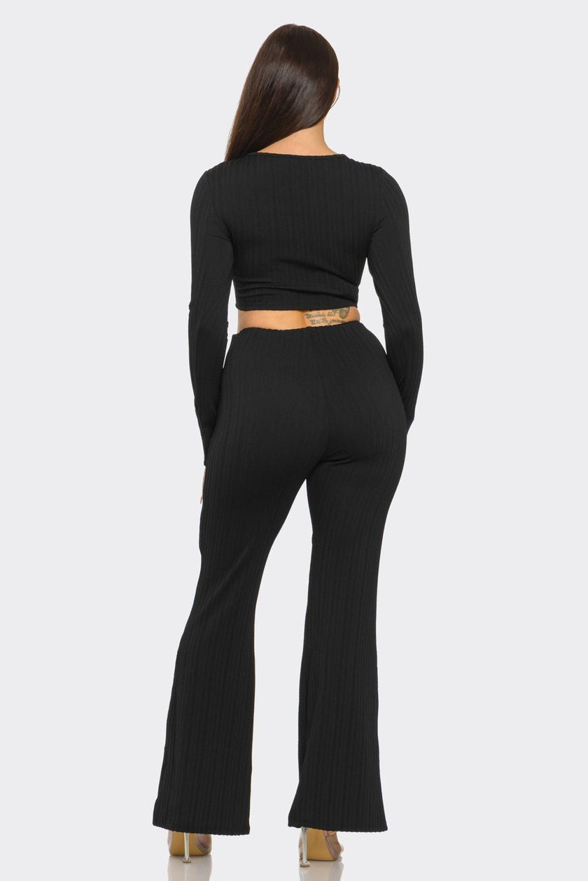Ribbed Two-Piece Set – Metal Ring Cutout Crop Top & Flare Pants Blaire Shops