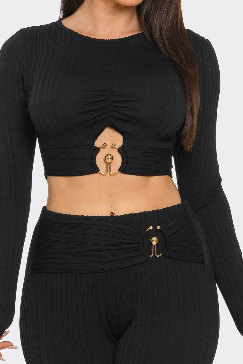 Ribbed Two-Piece Set – Metal Ring Cutout Crop Top & Flare Pants Blaire Shops