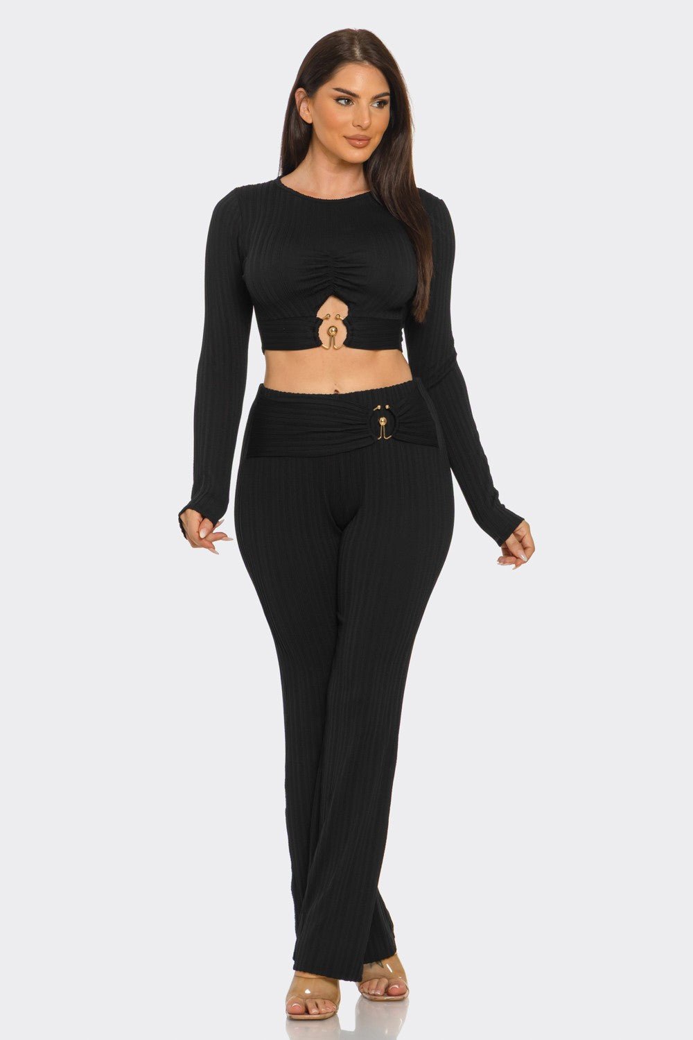 Ribbed Two-Piece Set – Metal Ring Cutout Crop Top & Flare Pants Blaire Shops