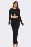 Ribbed Two-Piece Set – Metal Ring Cutout Crop Top & Flare Pants Blaire Shops