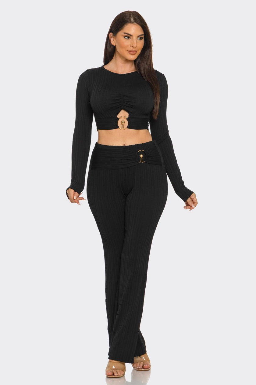 Ribbed Two-Piece Set – Metal Ring Cutout Crop Top & Flare Pants Blaire Shops