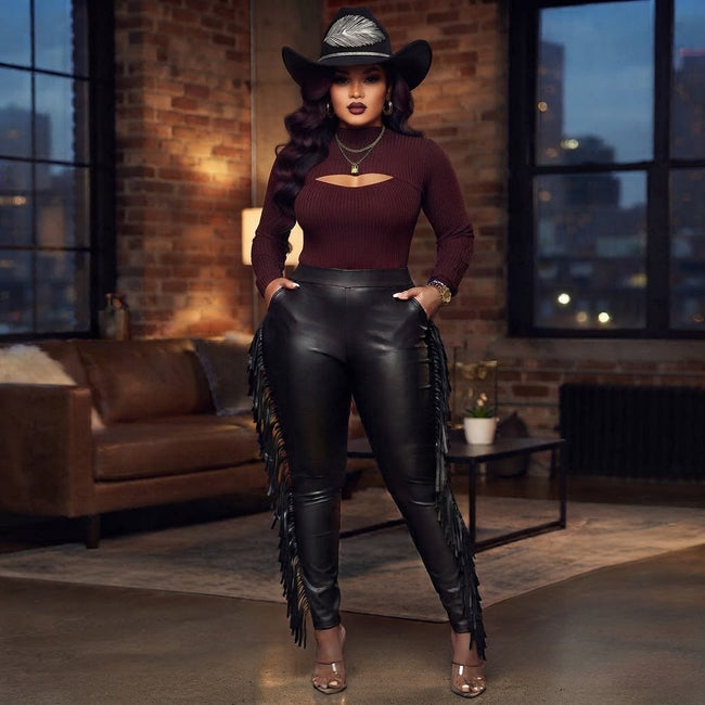 Plus Size Black Fringe Faux Leather Pants Fabulously Dressed Boutique